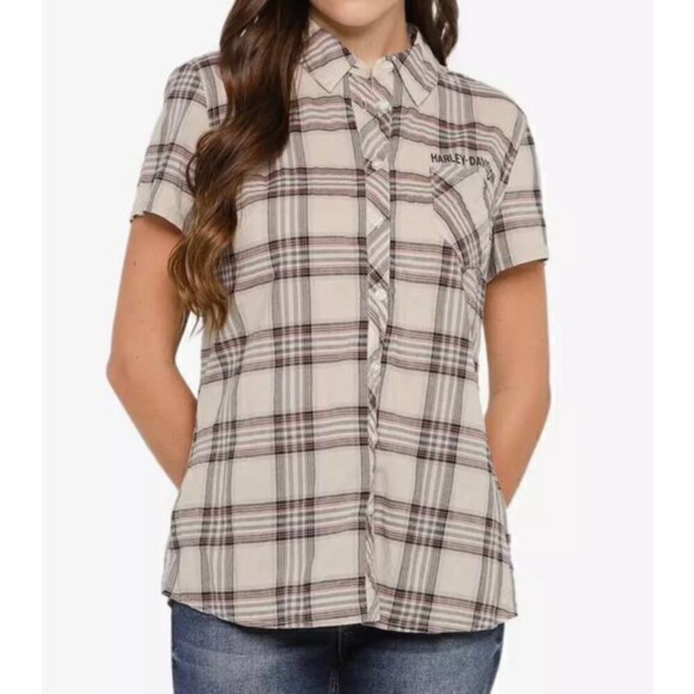 NWT Harley Davidson plaid button front shirt back graphic L